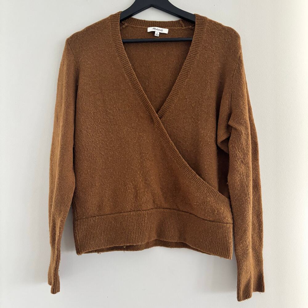 Madewell Wrap Front Sweater Camel Alpaca Wool Blend Coziest Yarn Size Medium - Picture 9 of 15